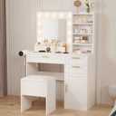 Vanity Mirror with Lights Desk and Chair, 37" Vanity Desk with Mirror and Lights, Makeup Vanity Desk with Padded Stool, 3 Color Lighting Modes, Power Outlet, White Makeup Vanity Set for Bedroom