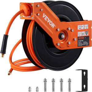 VEVOR Retractable Air Hose Reel, 3/8 IN x 50 FT Hybrid Air Hose Max 300PSI, Air Compressor Hose Reel with 5 ft Lead in, Ceiling/Wall Mount Heavy Duty Single Arm Steel Reel