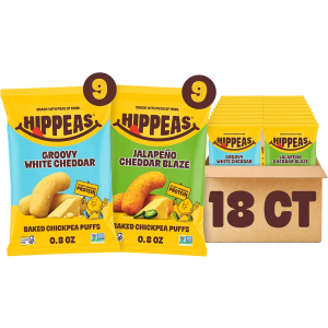 Hippeas Chickpea Puffs, Cheese Variety Pack, Groovy White Cheddar, Jalapeño Cheddar Blaze, 18 x 0.8 oz, Baked Crunchy Chickpea Snacks, 3g Plant Protein, 2g Fiber & 50% Less Fat, Dairy & Gluten Free Exp. 11/19/26