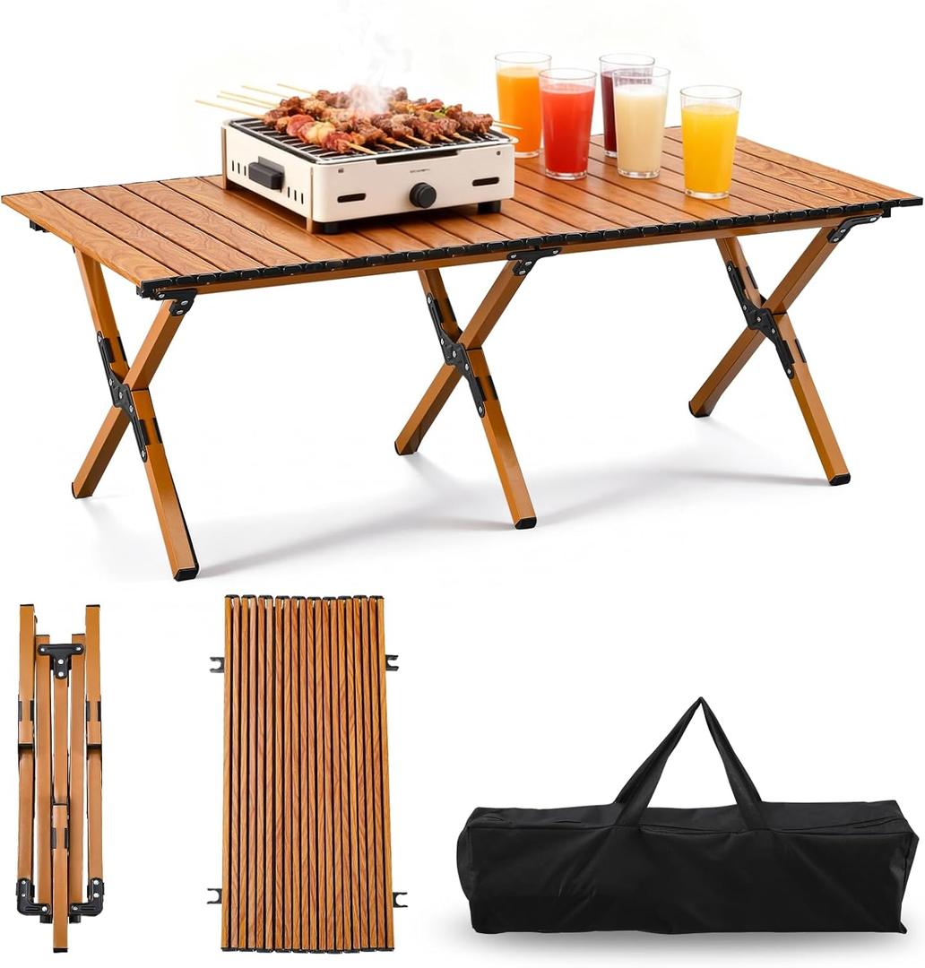 TAO ONE Roll-Up Camping Table - Aluminum Low Folding Tables for Outdoor Travel Grill - Portable Picnic Table Foldable for Sitting on The Floor Beach, Brown