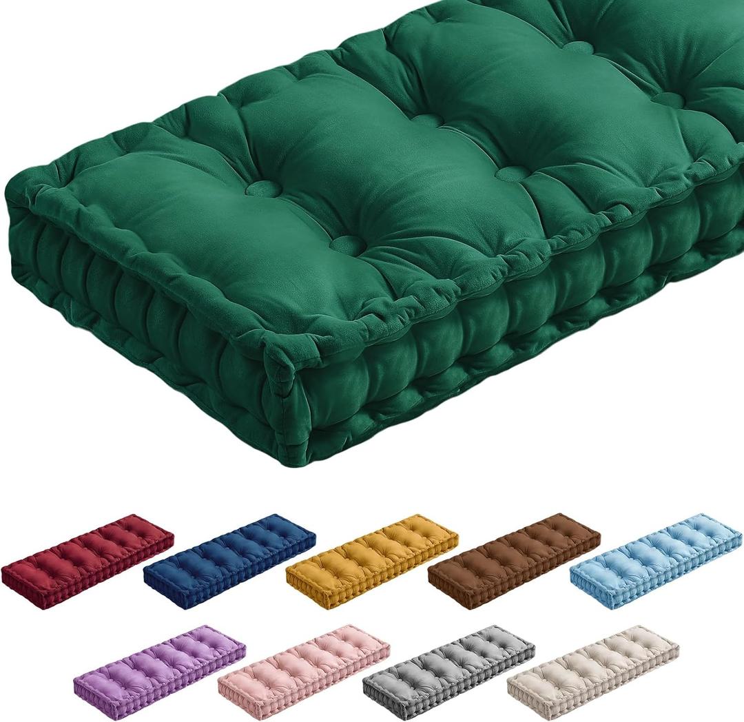 Bench Cushions for Indoor Furniture 42x16 in Velvet Kitchen Dining Piano Window Seat Cushion, Tufted Patio Porch Swing Thicken Bench Pad Memory Foam(Dark Green)