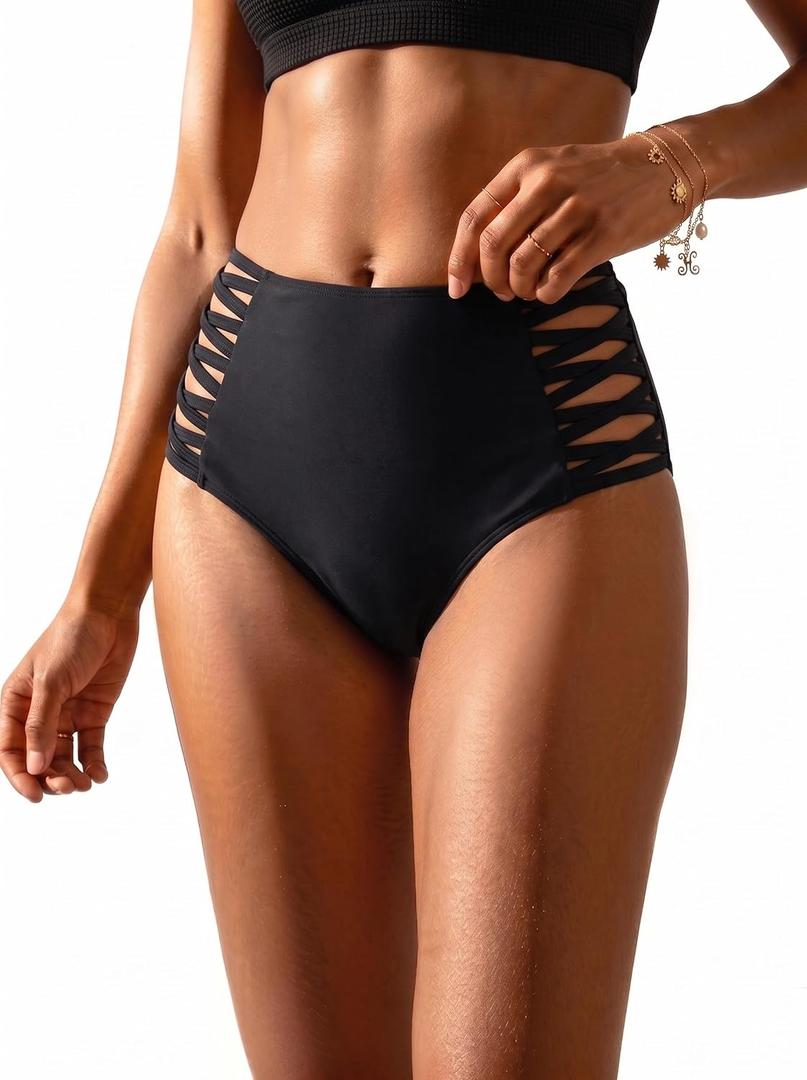 Holipick Women High Waisted Bikini Bottoms Tummy Control Swimsuit Bottoms Strappy Swim Bottom (Black, L)