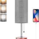 Dott Arts Table Lamp for Bedroom, 3-Color Bedside Lamps with Pull Chain, Bedroom Table Lamps for Nightstand,AC Outlet Small Lamp for Living Room, Bulb Included Grey Striped (15 in)