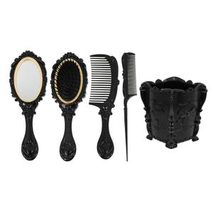 EXCEART 1 Set 5 Pcs Mirror Comb Set Vintage Hand Mirror Antique Hair Brush with Storage Holder for Wet/Dry Hair Styling Tool Makeup Accessories (Black)