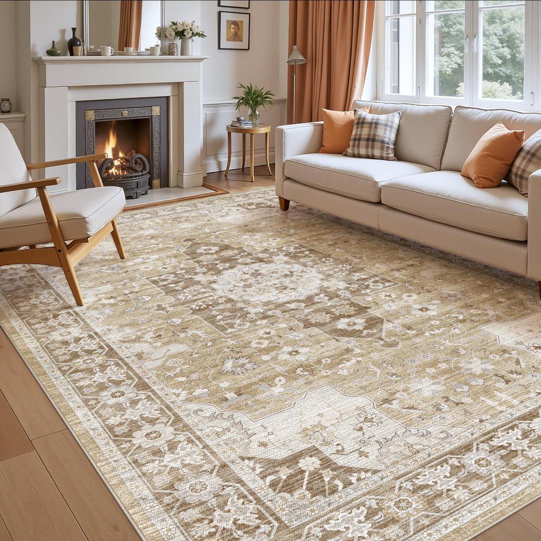 DEXI Washable Area Rug for Living Room 8x10, Vintage Farmhouse Soft Indoor Large Rugs, Stain Resistant Low Pile Carpet with Non Slip Backing for Dining Bedroom Office, Beige