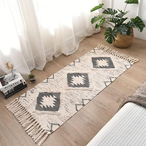 Boho Runner Rug 2'x4.3', Washable Hallway Rug Runner Non Slip Rubber Backed, Kitchen Farmhouse Area Rug Floor Mat with Tassels, Tufted Woven Cotton Entryway Carpet, Grey
