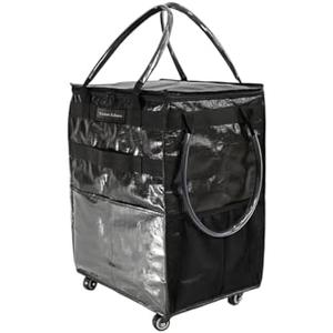 Reusable Grocery Bag On Wheels Large Capacity Shopping Trolley Foldable Rolling Tote with Outside Pocket, Heavy Duty Handle (Black, Large)