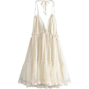 Women's Mini Dresses Sexy Mesh Self-Tie Ruffled Dress (Large, Beige)