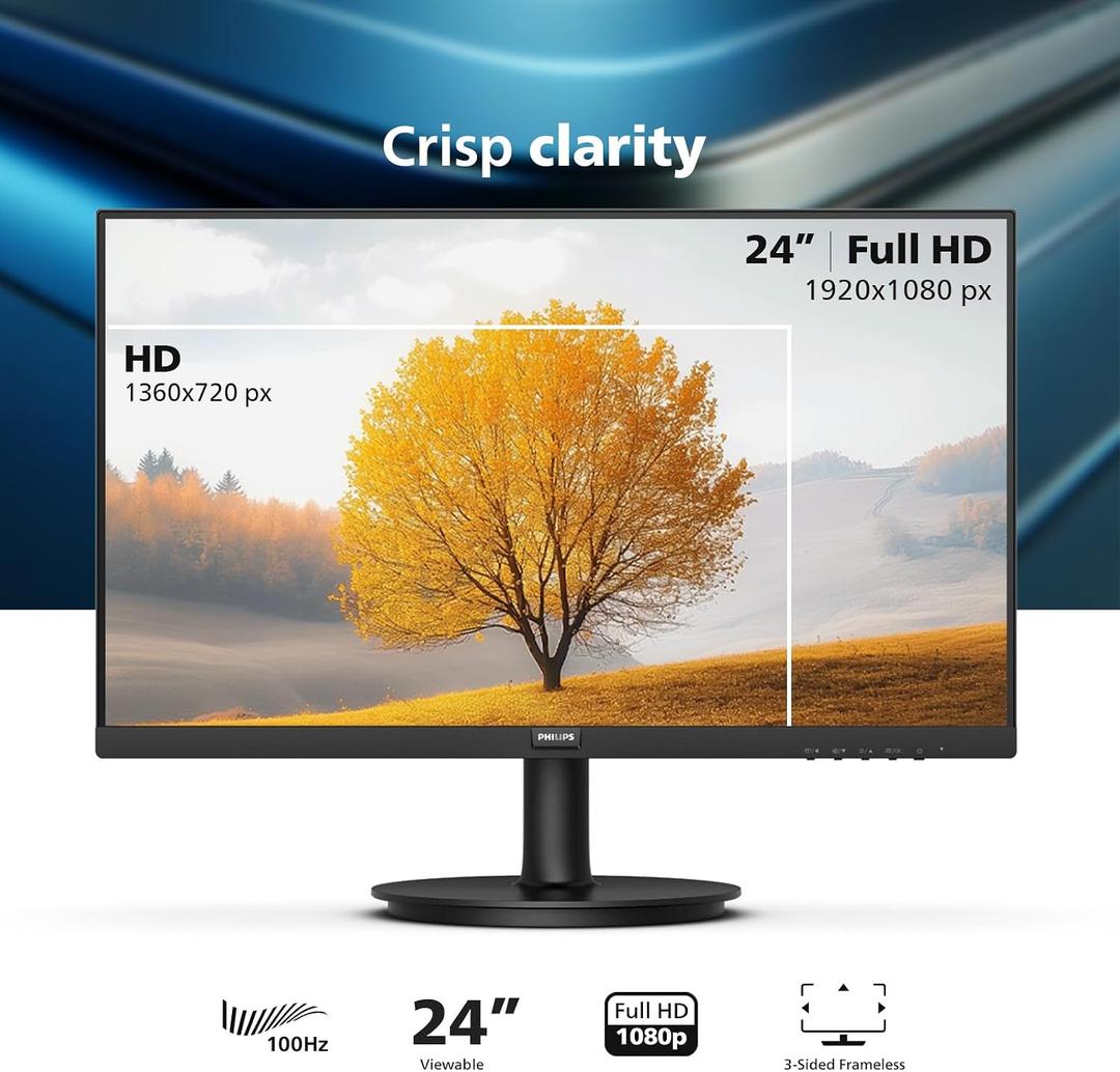 Philips New 24 inch Frameless Full HD (1920 x 1080) 100Hz Monitor, VESA, HDMI x1, VGA Port x1, Eye Care, 241V8LB, Black