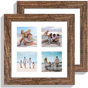 Hongkee 8x8 Picture Frame Set of 2, with Glass and Rustic Brown Wood Frames, Display Collage Four Opening 3x3 With Mat or 8 x 8 Without Mat for Wall Hanging or Tabletop, 8x8 in matted to 4-3x3