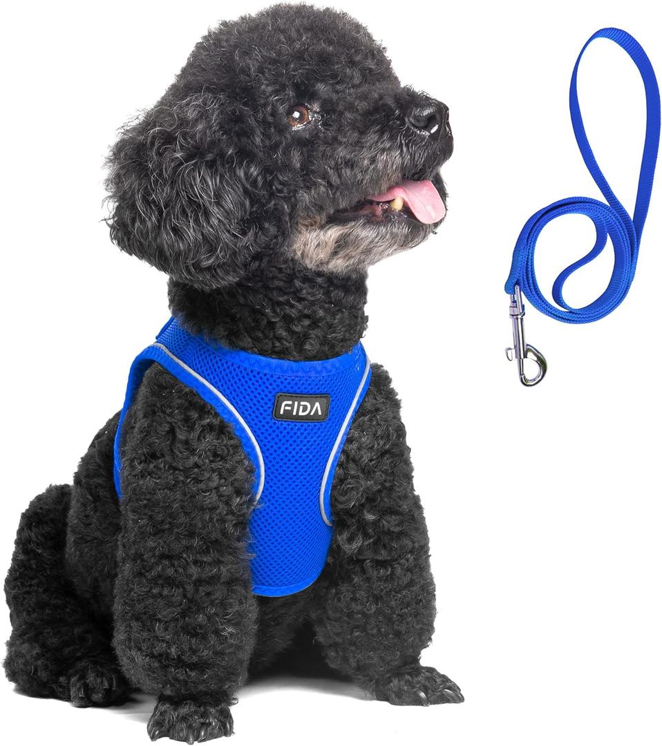 Fida Comfy Dog Harness with Leash, Soft Puppy Vest Escape Proof, Breathable Lightweight Soft Mesh, Adjustable Reflective Step-in Harness for Small & Medium Pet Walking (M, Blue) (M (Neck:13.8"-15.4"; Girth:17.7"-19.7"))