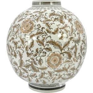Galt International Brown & White Ceramic Floral Chinoiserie Globe Vase 12" Dia. - Round Bulb Shape Flower Vase Jar Classic Antique Home Decor