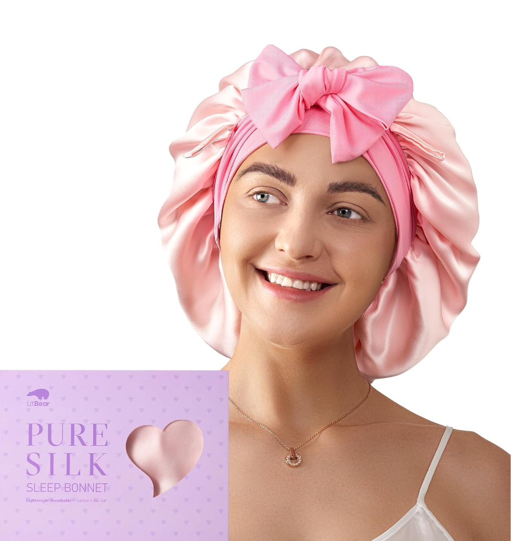 LitBear 100% Mulberry Silk Bonnet for Sleeping Women, 6A 22 Momme, Large Double-Layer Hair Wrap with Tie Band