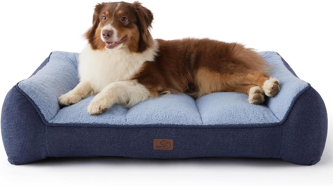 Bedsure Orthopedic Dog Beds Large Medium Sized Dog - Extra Thick Supportive Medium Dogs Bed with Waterproof Washable Cover, Comfort Pet Bed Sofa with Soft Plush Sherpa and Nonskid Bottom, Blue, 35" (Navy)