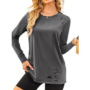 SOFIA'S CHOICE Women's Distressed Long Sleeve T Shirts Ripped Crewneck Loose Fit Tee Tops Dark Grey Small (Gray, S)