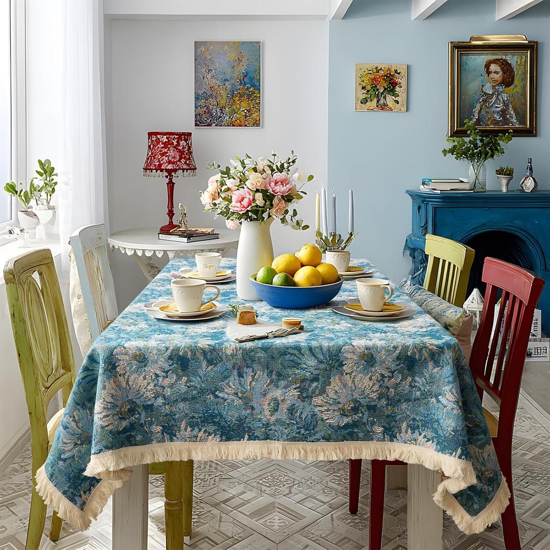 French Floral Tablecloths Rectangular Farmhouse Vintage Flower Print Table Cloth with Tassel Rustic Embroidered Boho Tablecloth Durable Outdoor Table Cover for Kitchen, Dining Room,55 x 102 Inch,Blue