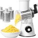 Cheese Grater Hand Crank, Rotary Cheese Grater with Strong Suction Base, 3-in-1 Manual Vegetable & Nut Slicer, Stainless Steel Blades for Cheese, Potato, Carrot, Cucumber, White