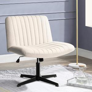 PUKAMI Criss Cross Chair with Wheels,Fabric Padded Armless Cross Legged Office Desk Chair for Home Office,Modern Swivel Height Adjustable Wide Seat(Beige)