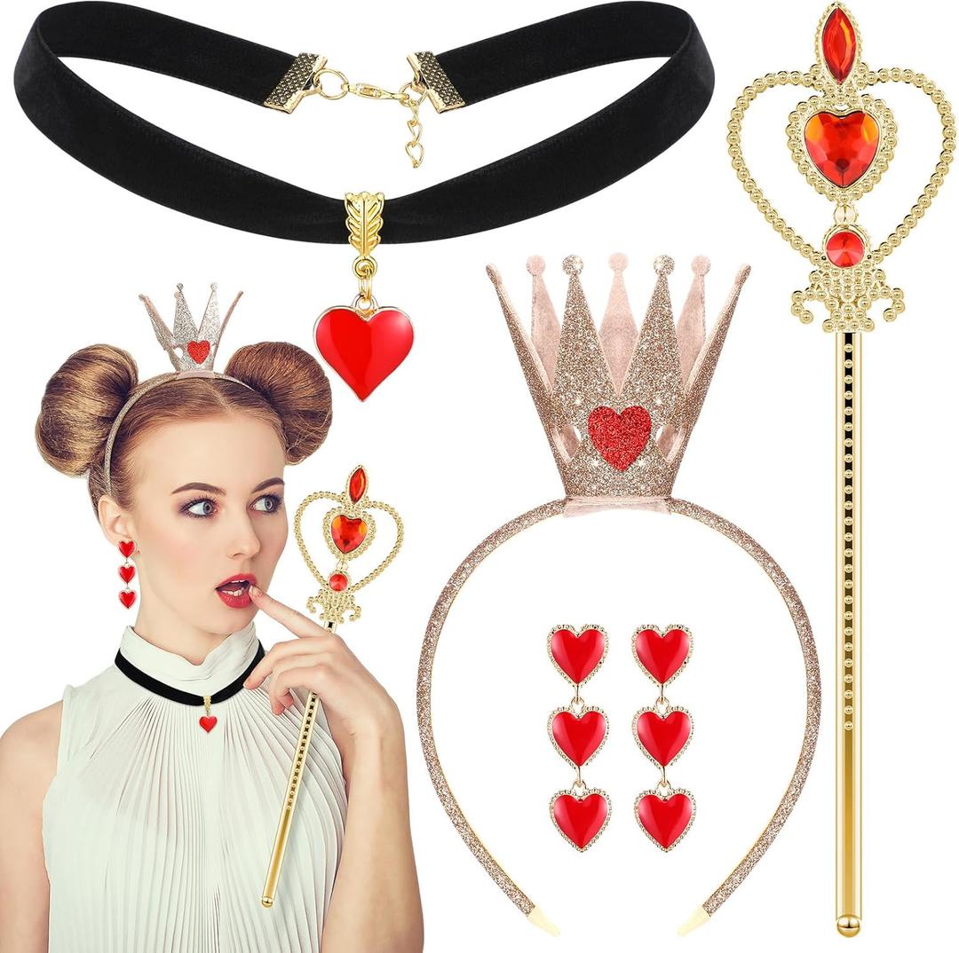 Liliful 4 Pcs Valentine Heart of The Woman Queen Costume Accessories Heart Party Accessories Crown Headband Scepter Wand