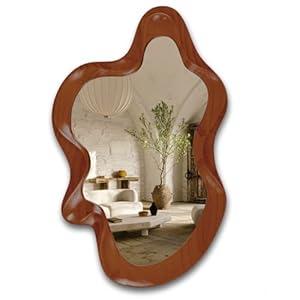 30"x 14" Irregular Wall Mirror, Wooden Walnut Framed Wall Asymmetrical Wavy Wall Mirror for Living Room Bedroom Entryway Bathroom Modern Decorative Mirror with Hanging Hooks