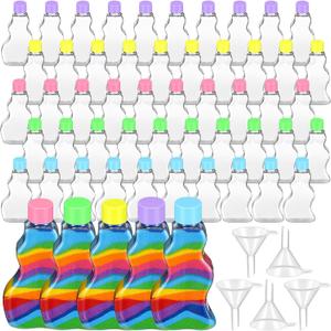 Nuenen 50 Pcs Sand Art Bottles Bulk with Funnels Plastic Wave Shaped Sand Art Containers for DIY Craft Party Supplies(Colorful Lid)