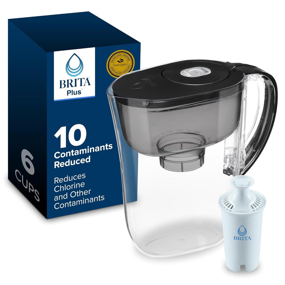 Brita Metro Small 6-Cup Water Filter Pitcher with BritaPlus Filter, WQA NSF/ANSI Certified, Reduces 2X Contaminants vs. Standard, Reduces Chlorine, Zinc, Copper, Mercury & More, Black