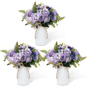 Dining Table Centerpiece Sets 3 Artificial Rose Bouquet with Vase - Farmhouse 6 Pcs Silk Flowers and 3 Pcs Metal Pot Small Faux Floral Arrangements for Wedding Party Home Kitchen Bathroom Dcor, Lilac