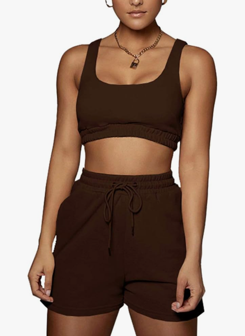 Bodycon Tracksuit 2 Piece Outfit - Tank Crop Top High Waist Drawstring Short Sets Solid Workout Sports Set Sexy Sweatsuit Size M, Brown