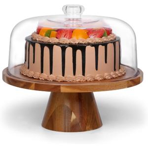 Bellsal Acacia Wood Cake Stand with Clear Acrylic Lid Dome Cover, 12in Cake Plate with Dome, Cake Display Stand with Cover, Cake Holder for Baking Gifts, Birthday Kitchen Party, Wedding