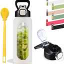 SIEROZUR 32 oz Glass Water Bottle with Straw and Handle, Leakproof Sports Glass Bottle with Time Marker, Water Jug with Silicone Sleeve for Gym, Travel, Workout, White