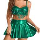 Avidlove Rave Outfits for Women Sequin Fringe Outfits Cosplay Lingerie 3pack Costume Set with Metallic Skirt XXL