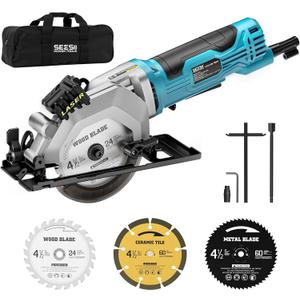Seesii Mini Circular Saw with Laser Guide,4.8A 4000 RPM Compact Corded Circular Saw with Rip Guide,3 Blades (4-1/2") for Wood,Soft Metal,Tile,Plastic Cutting,Max Cut Depth 1-11/16"(90),1-1/8" (45)