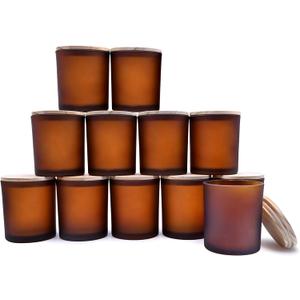 14 OZ Thick Candle Jars for Making Candles 12 Pcs, 3 Wick Empty Jars with Wood Lids for Candle Making, Sample Container,Frosted Brown