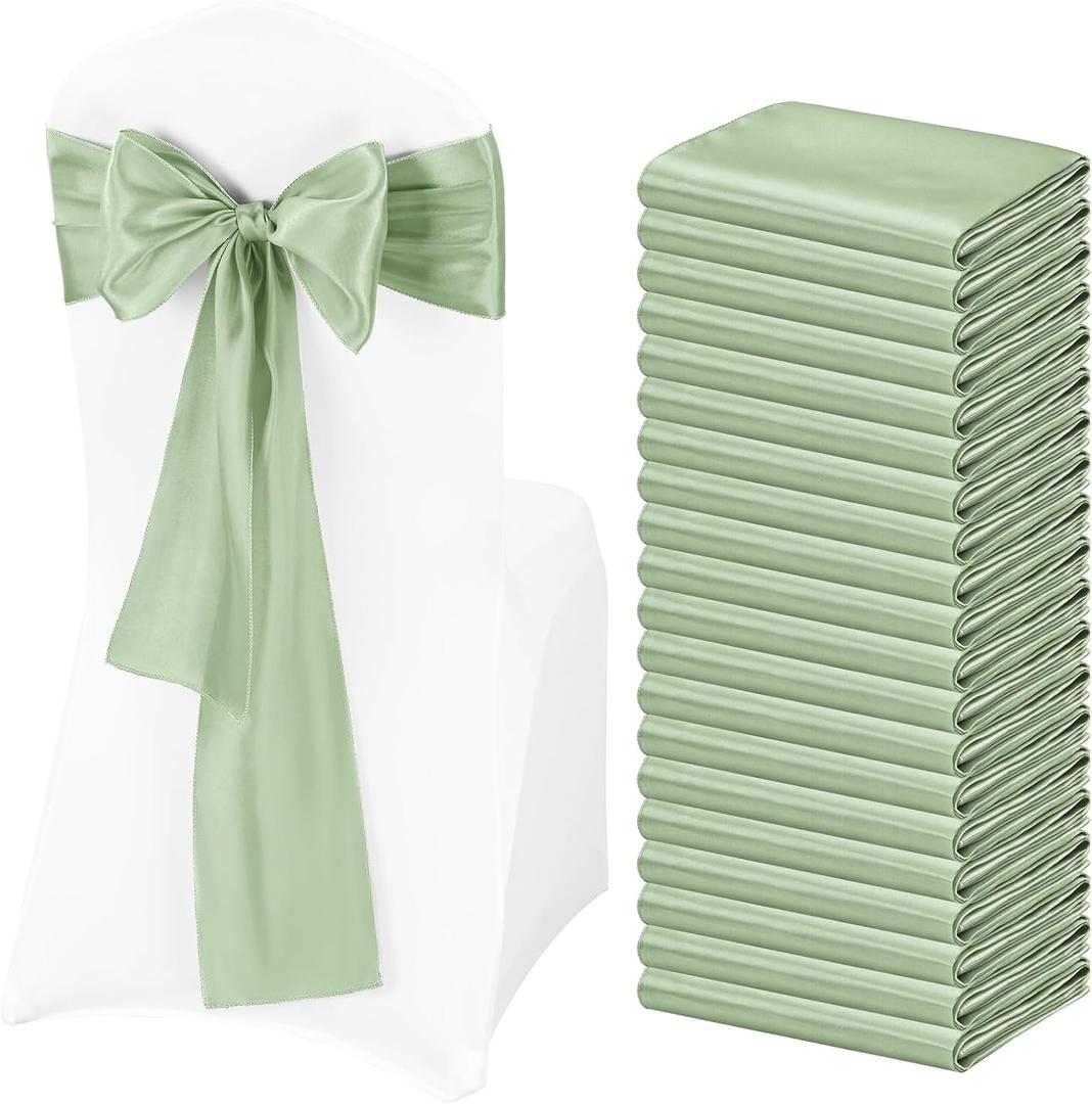 Pesonlook 60 PCS Sage Green Satin Chair Sashes Bows Satin Chair Sashes Universal Chair Cover for Wedding Reception Restaurant Event Decoration Banquet,Party,Hotel Event Decorations (7 x 108 inch)