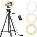 Sensyne 10'' Ring Light with 50'' Extendable Tripod Stand, LED Circle Lights with Phone Holder for Live Stream/Makeup/YouTube Video/TikTok, Compatible with All Phones