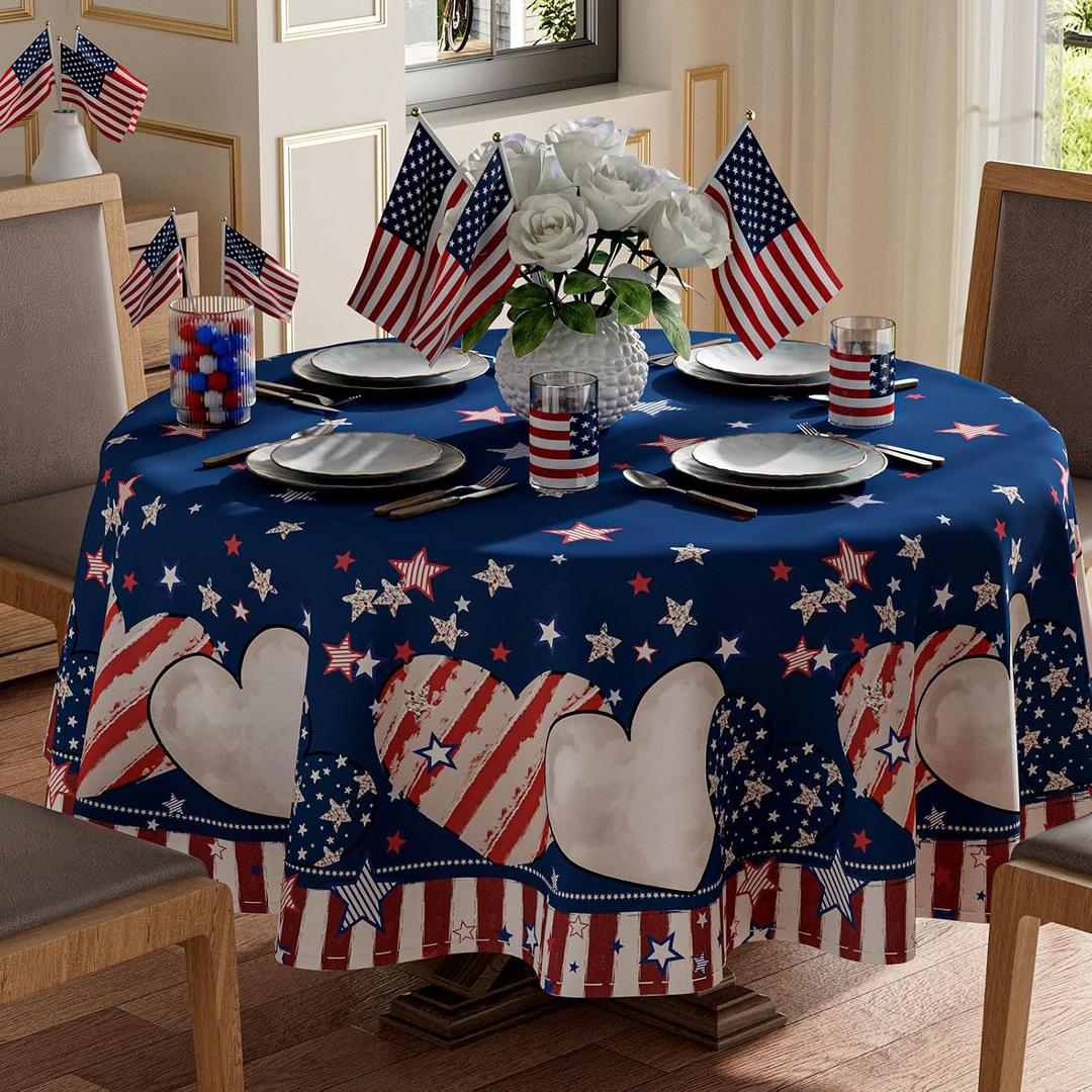 XCHI Stripe Stars Love Heart America Patriotic 4th of July Memorial Day Independence Day Tablecloth Round Washable Table Covers for Home Party Decorations 70x70 Inch