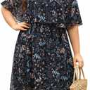 Keluummi Plus Size Summer Wedding Guest Dress for Curvy Women, Casual Boho Floral Empire Waist Midi Flowy Dress with Sleeve (Black, XXXL)