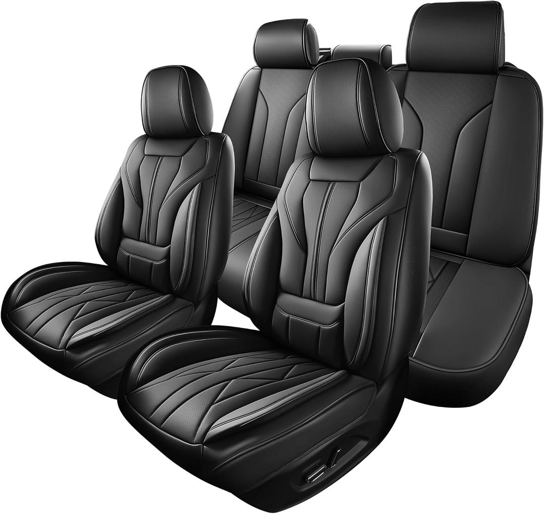 HChengkikz Car Seat Covers Full Set, Full-Wrap Waterproof Faux Leather with Memory Foam Lumbar Support, Airbag Compatible, Universal Fit for SUV Truck Pickup Sedan (Black)