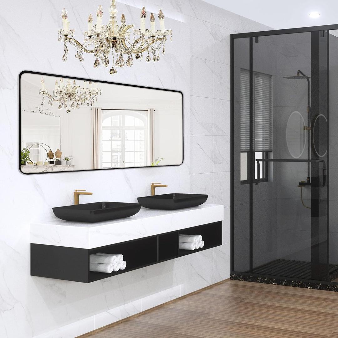 Wall Mount Mirror for Bathroom, Brushed Black Metal Framed Large Rounded Corner Rectangular Vanity Mirror, Tempered Glass (28" x 60", Black)