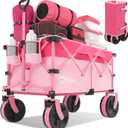 220L Wagons Carts Foldable with Big All-Terrian Beach Wheels, Collapsible Heavy DutyWagon with Cup Holders, Extra Large Folding Wagon,Foldable Wagon for Camping, Garden, Sports, Pink