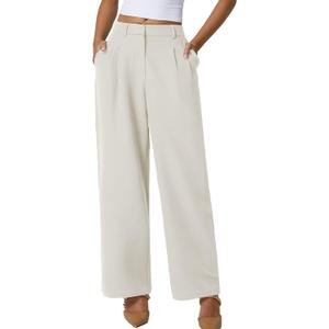 QINSEN Wide Leg Dress Pants for Women High Waisted Wrinkle Free Work Pants with Pockets Casual Slack (Beige, M)