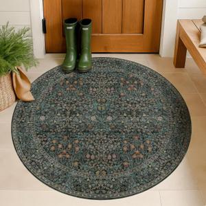 Dark Green 3ft Round Washable Entryway Rug, Soft Round Rugs for Kitchen, Bathroom, Living Room, Bedroom, Ultra-Thin Non-Slip, Small Circle Carpet, Vintage Dark Green Floral Décor