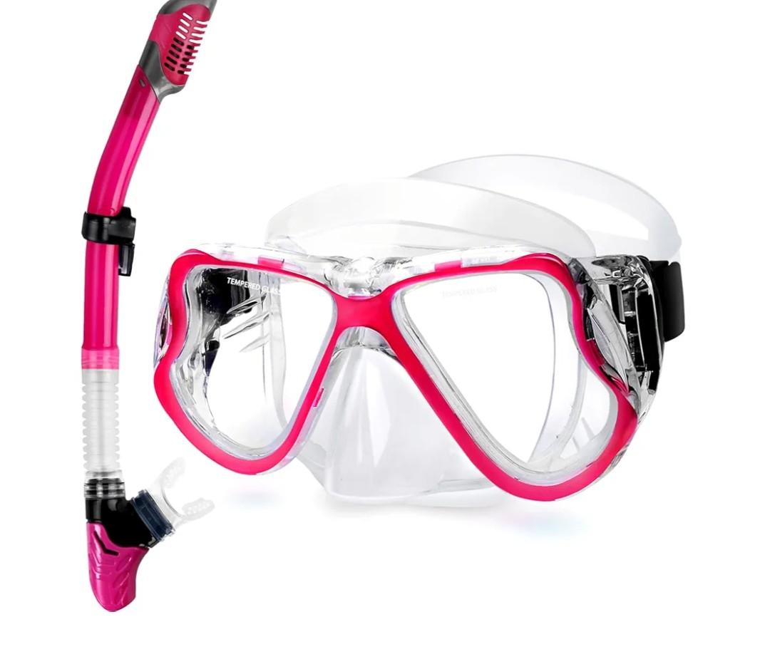 Greatever Dry Snorkel Set,Panoramic Wide View,Anti-Fog Scuba Diving Mask,Professional Snorkeling Gear for Adults, Pink