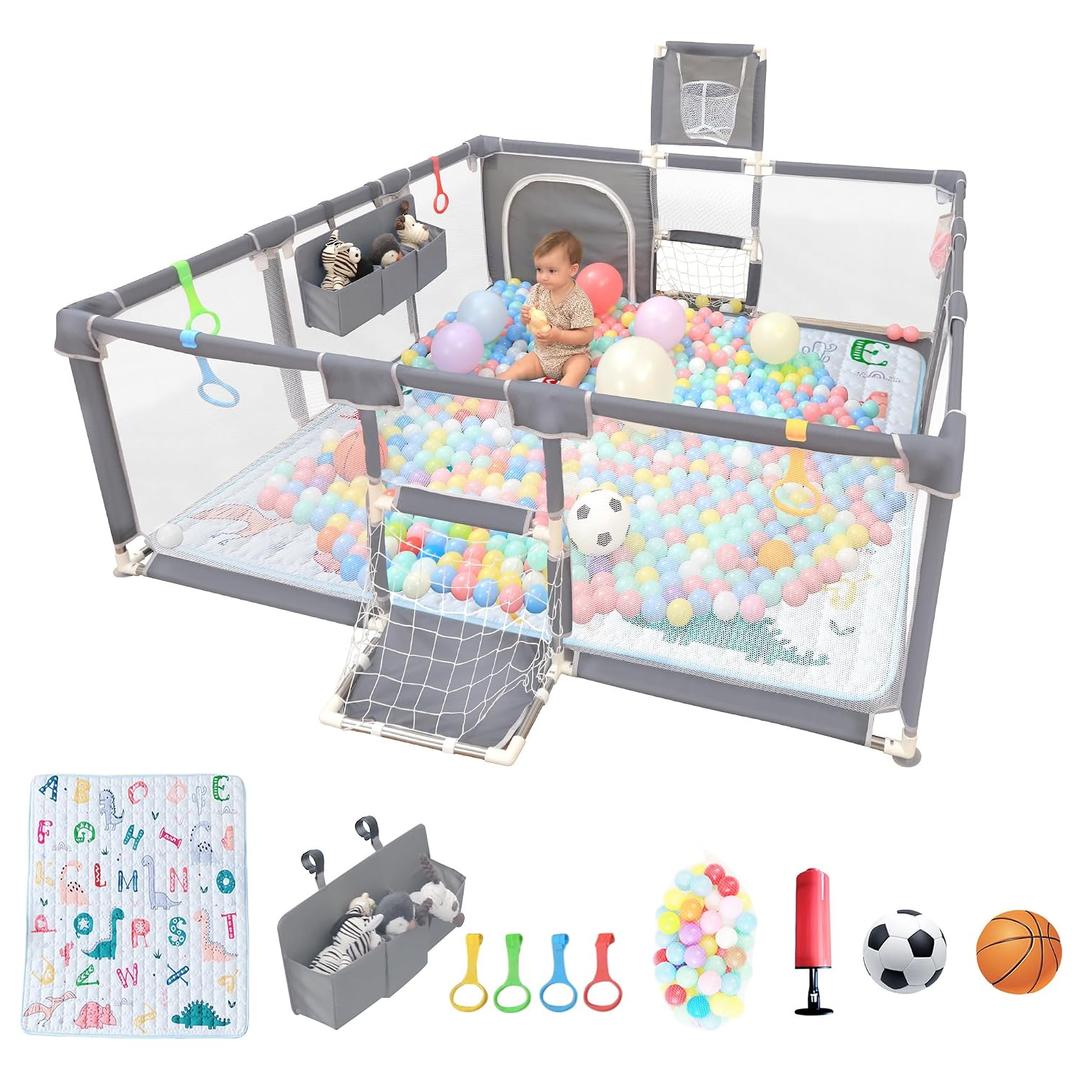 Playpen for Babies and Toddlers,73"x71"Baby Playpen with Mat IndoorOutdoor with Breathable Play Pen with Ocean Balls Hanging Pocket Basketball Hoop and Football Goal (Grey with Mat, 73"x71")
