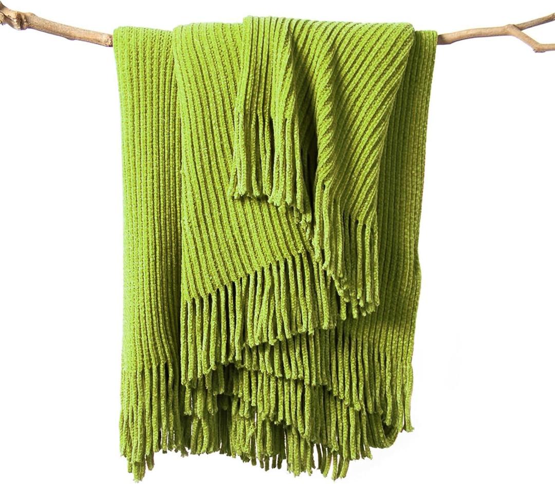 lifein Throw Blanket for Couch, Soft Green Boho Decor Bed Throw,Cozy Knitted Chenille Small Farmhouse Lightweight Throw for Spring(Green,50 * 60") (J-lime Green)