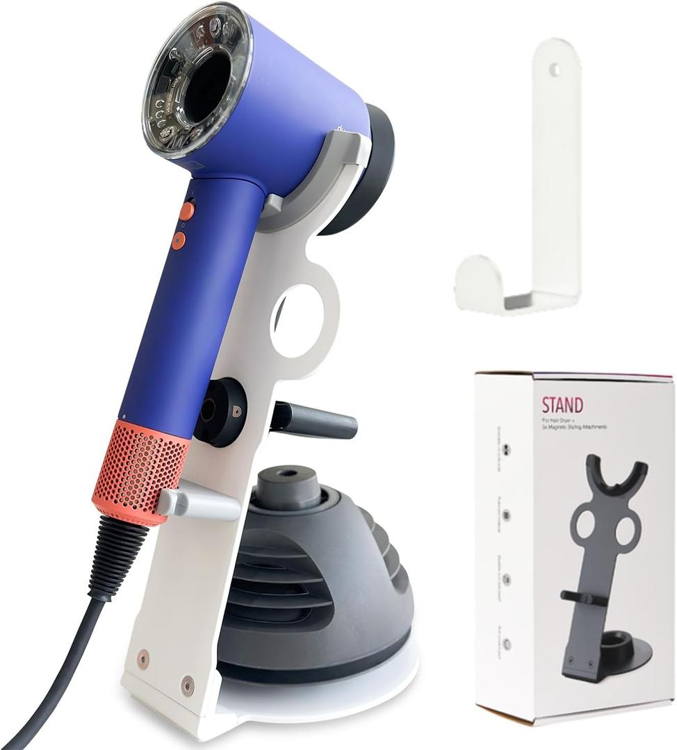 Hair Dryer Holder Stand for Dyson Hair Dryer, Upgraded Dyson Hair Dryer Holder Dyson Hair Dryer Stand White to Store 5 Dyson Hair Dryer Attachments with Cable Hook