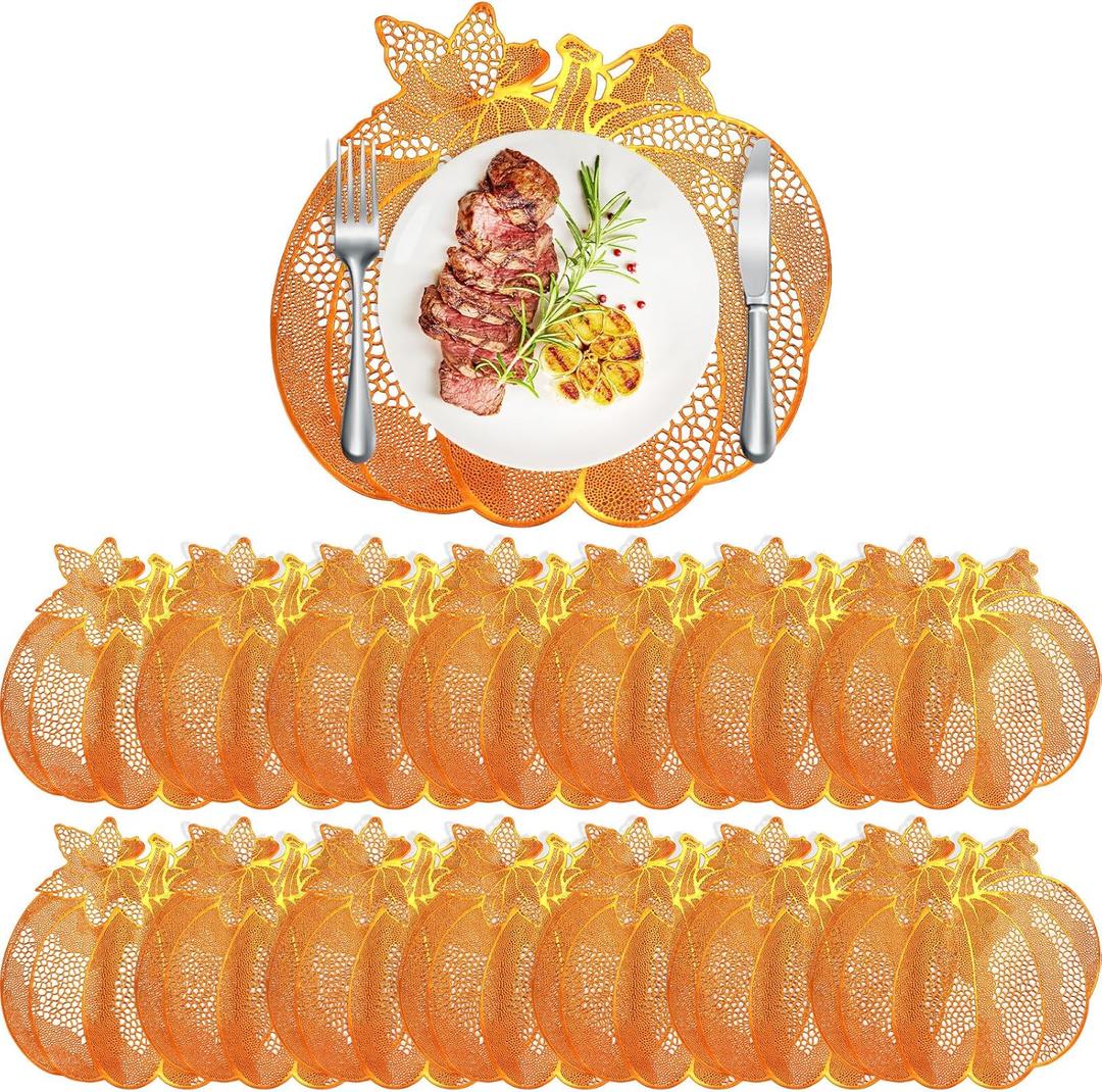 Fall Thanksgiving Pumpkin Placemats Set of 15 Autumn Harvest Table Mats Washable Vinyl Heat Resistant Non-Slip Round Placemat for Fall Halloween Thanksgiving Farmhouse Party Kitchen Table Decor (Pumpkin with 2 Leaves)