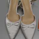 Coutgo Satin Kitten Low Heels with Bow Closed Pointed Toe Short Pumps Dress Wedding Party Shoes (8.5, White)