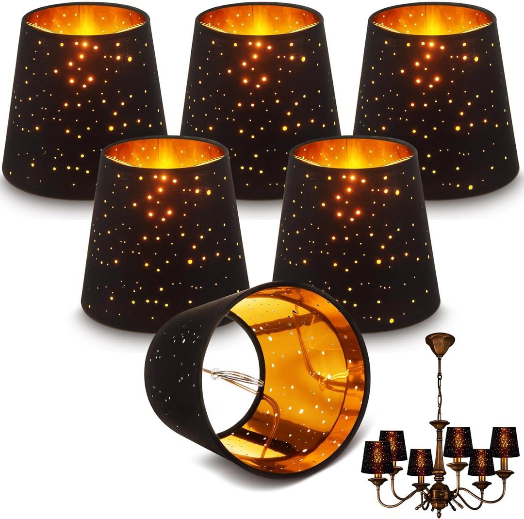 Riakrum 6 Pcs Chandelier Lamp Shades Set Small Lamp Shade for Pendant Wall Ceiling Lights Candle Bulbs Clip on Fitter Lampshade (Star,Black)