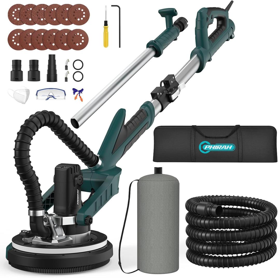 Drywall Sander with Vacuum Attachment, Upgraded 7-Amp Popcorn Ceiling Sander with 7 Variable Speeds 900-1800RPM, Electric Wall Sander with Extendable Handle, LED Light, 12 PCS Sanding Discs